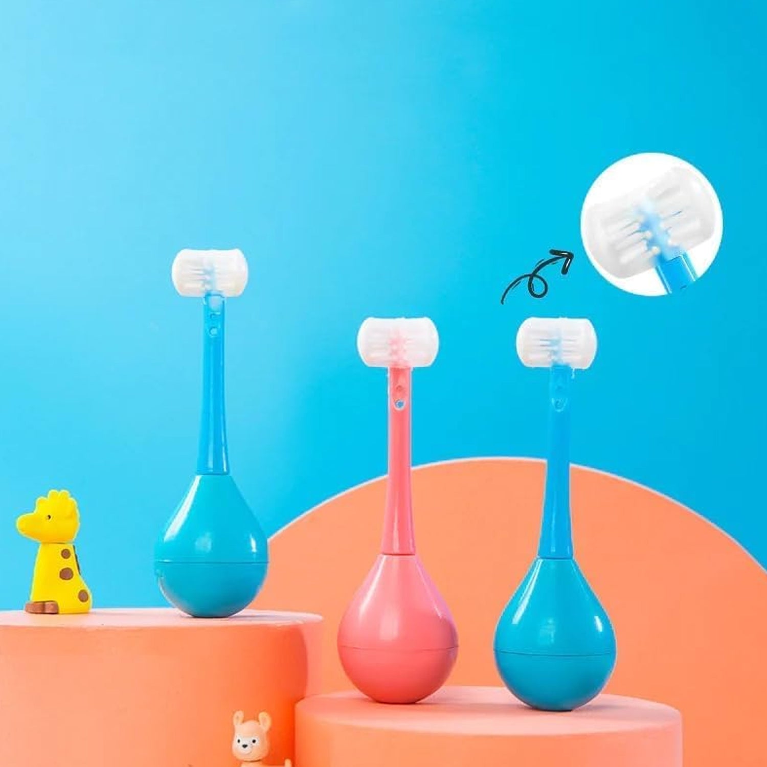 3-sided toothbrush with silicone head, soft bristles for kids aged 2-12. 3-sided toothbrush with silicone head, soft bristles for kids aged 2-12.